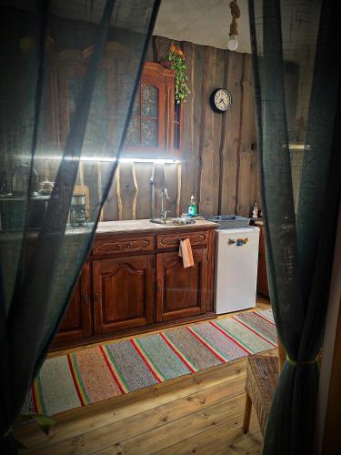 a kitchen with a sink and a refrigerator at STĀRĶA APARTAMENTI in Kuldīga