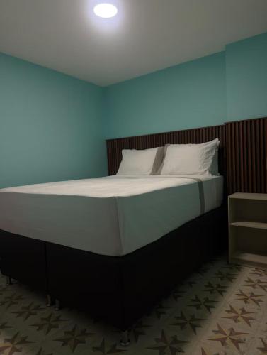 a large bed in a bedroom with a blue wall at Hostel43 in Estación El Salto
