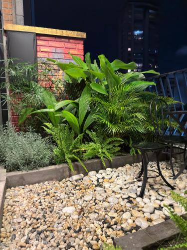a bench sitting in front of a garden with plants at Hostel43 in Estación El Salto