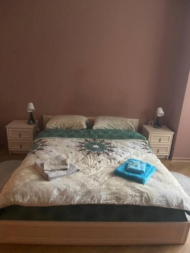 a bed with two towels on top of it at Затишні апартаменти in Lviv