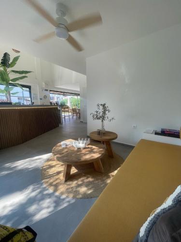 a living room with a coffee table and a ceiling fan at Olvion Luxury Living in Kallithea Halkidikis