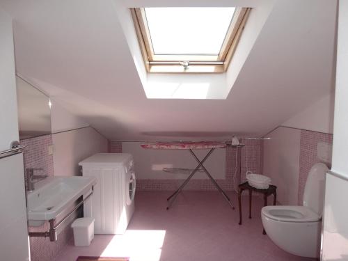 a bathroom with a toilet and a sink and a skylight at Silenzi Holiday Home in Fertilia