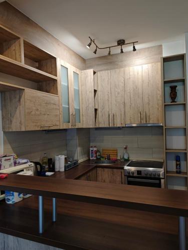 a kitchen with wooden cabinets and a counter top at Peaceful Family Stay Ilidza with Free Parking in Sarajevo