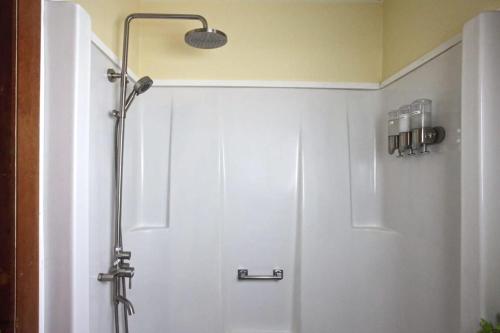 a shower in a bathroom with a white door at Dream Stratton Forest Cabin with Hot Tub and Fast WiFi in Stratton