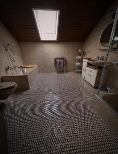 a bathroom with a toilet and a tub and a sink at Ferienwohnung am Wald 2 in Sappenfeld