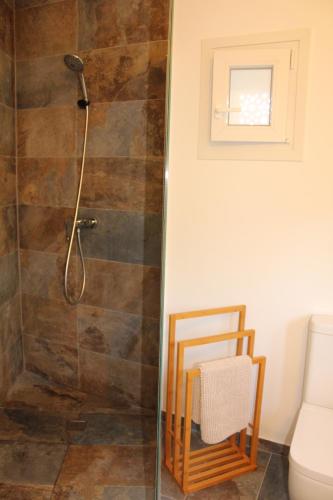 a shower with a glass door next to a toilet at Casa Pia in Turre