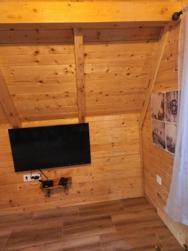 a flat screen tv on a wooden wall at Summit chalets TL in Žabljak