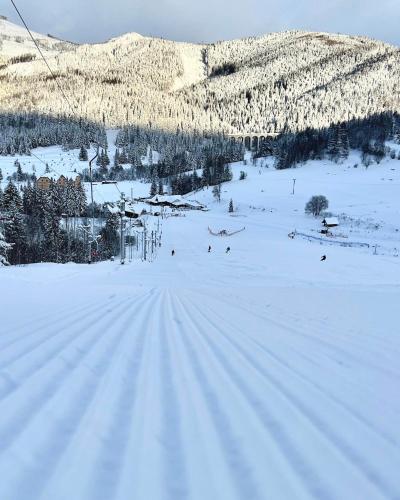 a group of people skiing down a snow covered slope at Wellness Chata Chmaroška - Telgárt Resort in Telgárt