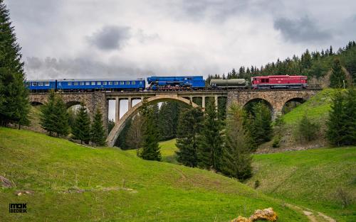 a train on a bridge over a mountain at Wellness Chata Chmaroška - Telgárt Resort in Telgárt