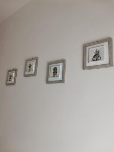 a group of four pictures on a white wall at Angela's House in Alessandria