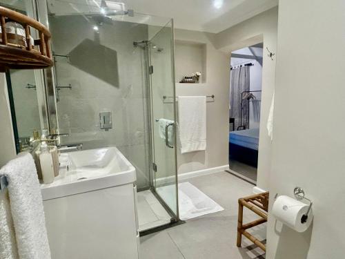 a bathroom with a glass shower and a sink at Rosebud Cottages in George