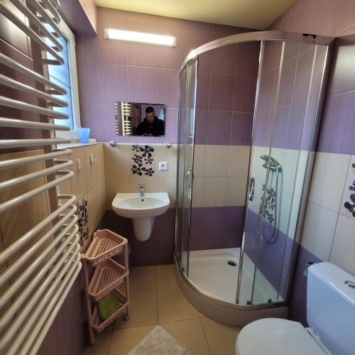 a bathroom with a shower and a sink at Willa Roztocze in Zwierzyniec
