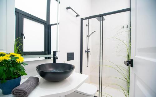 a bathroom with a bowl sink and a glass shower at Luxury Views Plaza Constitución - Executive Malaga Center in Málaga