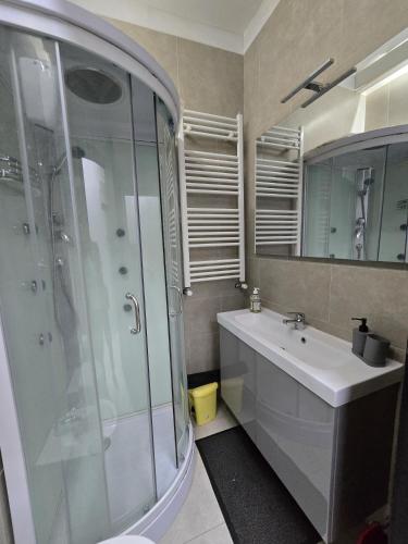 a bathroom with a glass shower and a sink at Tito Pomponio in Frosinone