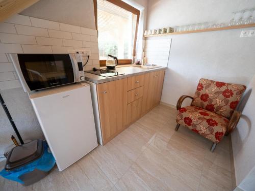 a small kitchen with a refrigerator and a microwave at Chaty pod Kamenným morom - Skalka in Vyhne