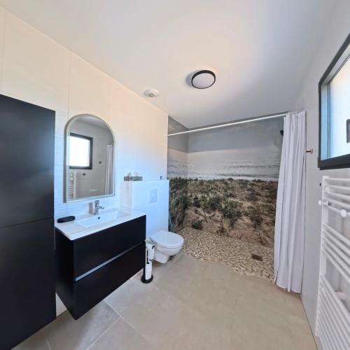 une salle de bain avec un lavabo et des toilettes dans l'établissement Villa Chrisaline, spacieuse et climatisée, 5 chambres, piscine privée, à Moliets-et-Maa