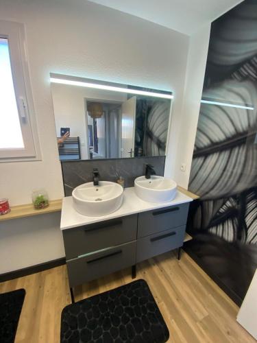 a bathroom with two sinks and a large mirror at Maison de vacances en résidence in Nérac
