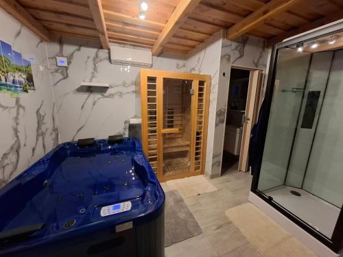 a bathroom with a blue tub and a shower at Kuća za odmor Vila Valentina in Škriljevec