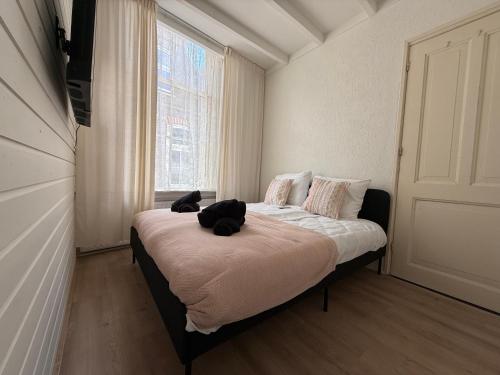 a bedroom with a bed with a black cat laying on it at Theislandlife 4p Centrum Texel in Den Burg