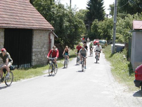 a group of people riding bikes down a road at Penzion Javořice in Telč