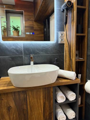 a bathroom with a sink and a mirror at Casa Lara Apartman in Egerszalók