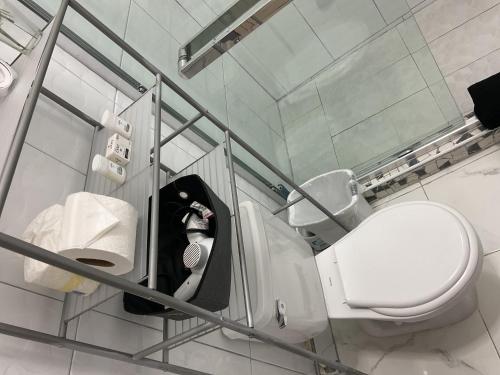 a small bathroom with a toilet and a mirror at A taste of Jamaica Lavern’s Place in Ocho Rios