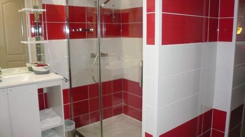 a bathroom with a shower with red and white tiles at Hôtel L'Européen in Tarbes