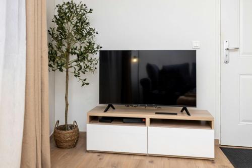 a living room with a tv on a white cabinet at The Kings Haven with Garden in Bois-le-Roi