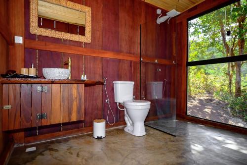 ein Bad mit einem WC in einer Holzwand in der Unterkunft Villa das Cabanas – Viva o Luxo da Natureza em Piri in Pirenópolis