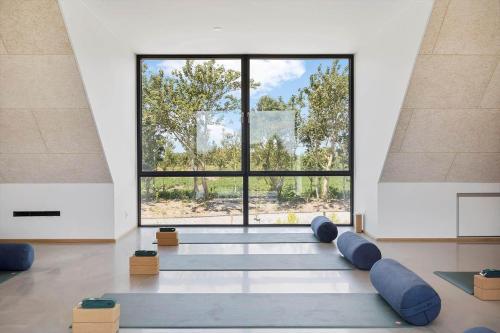 a yoga room with a large window and blue chairs at 1171-Ringkobing-Jagtvej-34-C-lejl-2 in Ringkøbing
