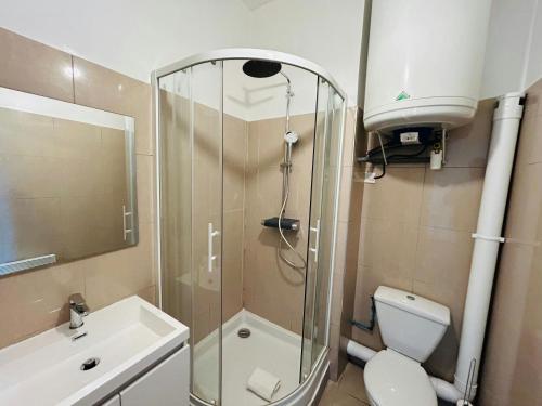 une salle de bain avec une douche, des toilettes et un lavabo dans l'établissement Le Spacieux Couturier - Calme - Gare centre, à Reims