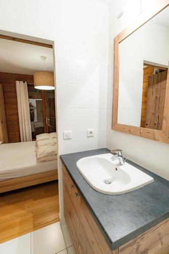 une salle de bain avec un lavabo et un miroir dans l'établissement CASA-Chalet des Ponts : Évasion au Col Madeleine, à Saint-François-Longchamp