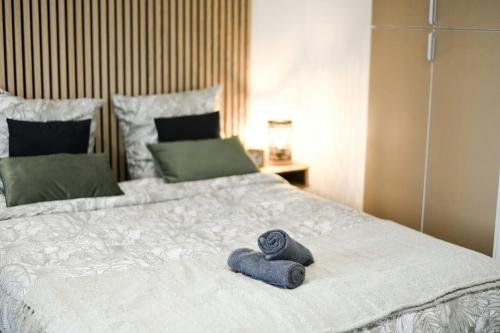 - un lit avec 2 serviettes bleues assises dans l'établissement Studio Cosy Business - Balcon Garage Fermé, à Lyon