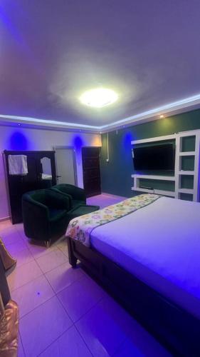 a bedroom with a bed and a couch and purple lights at Mountain View Villa in Freetown