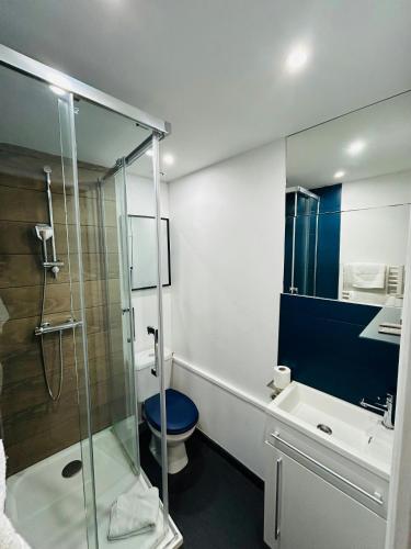 une salle de bain avec une douche, des toilettes et un lavabo dans l'établissement Le Champagne Coquebert Centre-ville, à Reims