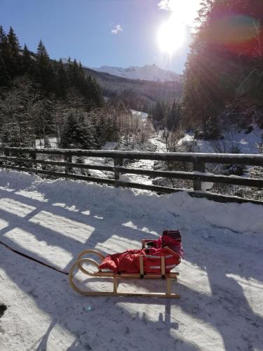 a sledge in the snow with the sun in the background at Johanna 3 by SMR Rauris Apartments - inc Spa and near Gondola in Rauris
