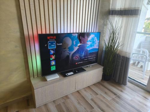 a flat screen tv sitting in a living room at Tůma Family Apartment in Golem