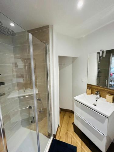 une salle de bain avec douche et lavabo dans l'établissement Le Charmant Créneau - Basilique, à Reims