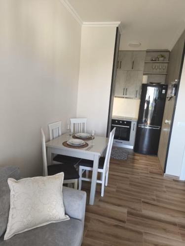 a kitchen and dining room with a table and chairs at Tůma Family Apartment in Golem