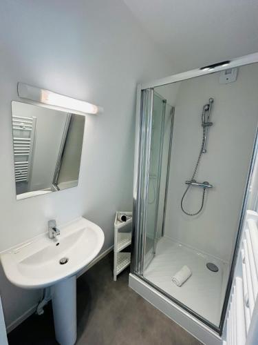 une salle de bain avec une douche en verre et un lavabo dans l'établissement We Live In R - Duplex 501, à Reims