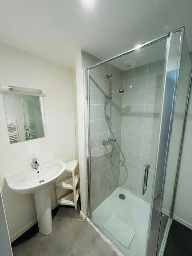 une salle de bain avec une douche en verre et un lavabo dans l'établissement We Live In R - Suite 102, à Reims