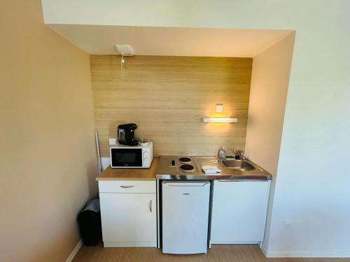une petite cuisine avec un évier et un micro-ondes dans l'établissement We Live In R - Suite 304, à Reims