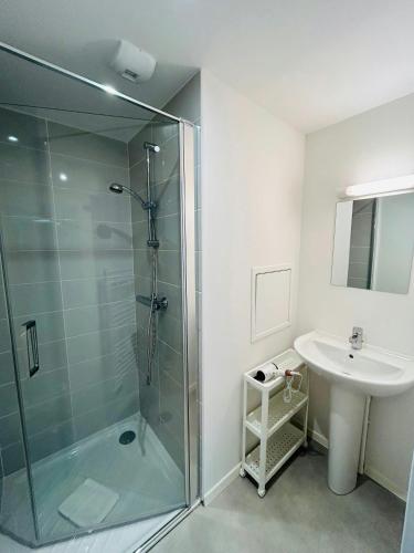 une salle de bain avec une douche en verre et un lavabo dans l'établissement We Live In R - Suite 304, à Reims
