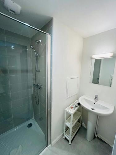 une salle de bain avec douche et lavabo dans l'établissement We Live In R - Suite 404, à Reims