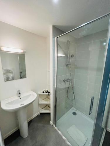 une salle de bain avec une douche en verre et un lavabo dans l'établissement We Live In R - Suite 203, à Reims