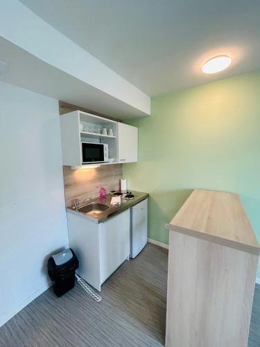 une petite cuisine avec un évier et un comptoir dans l'établissement We Live In R - Suite 303, à Reims
