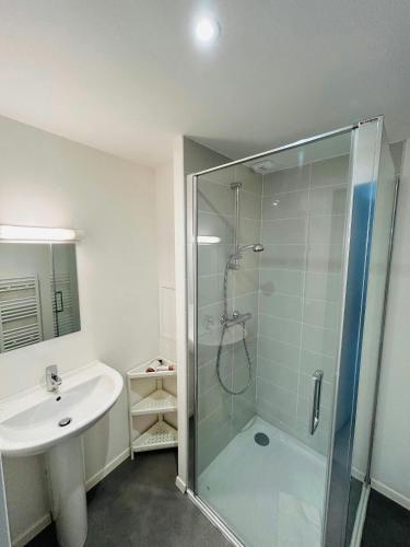 une salle de bain avec une douche en verre et un lavabo dans l'établissement We Live In R - Suite 303, à Reims