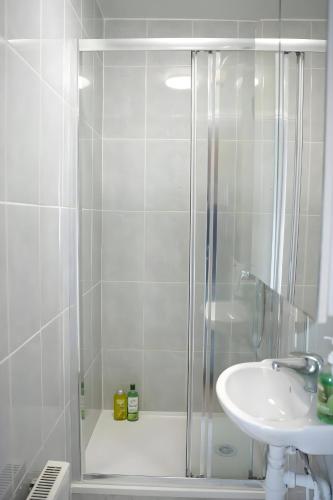 une salle de bain avec douche et lavabo dans l'établissement T5 spacieux au Bord du Lac Créteil, à Créteil