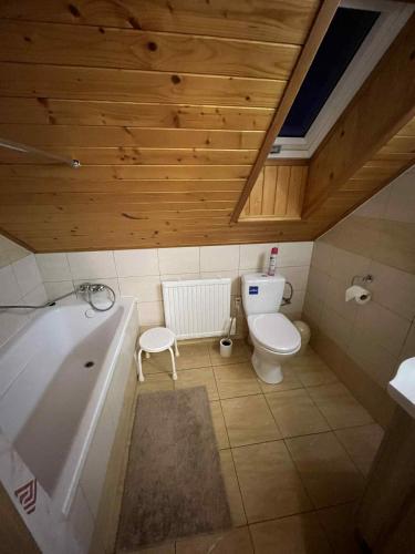 a bathroom with a toilet and a bath tub at Green cottage Besenova in Bešeňová