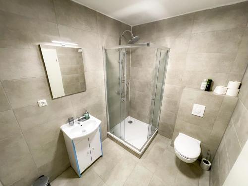a bathroom with a shower and a toilet and a sink at Atlas-Apartment in Magdeburg
